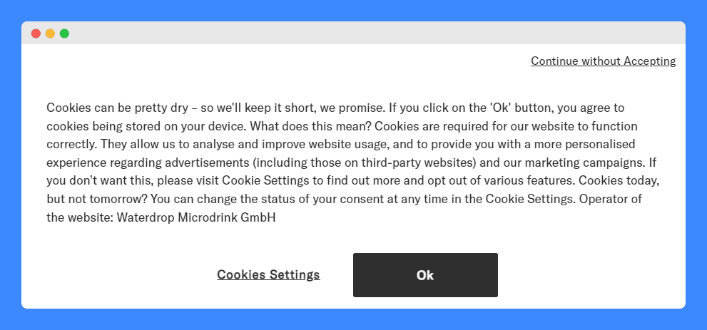 Waterdrop's cookie banner on a white background.