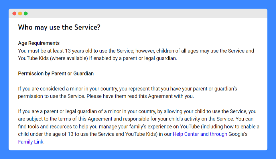 YouTube's terms of service age limitation clause on a white background.