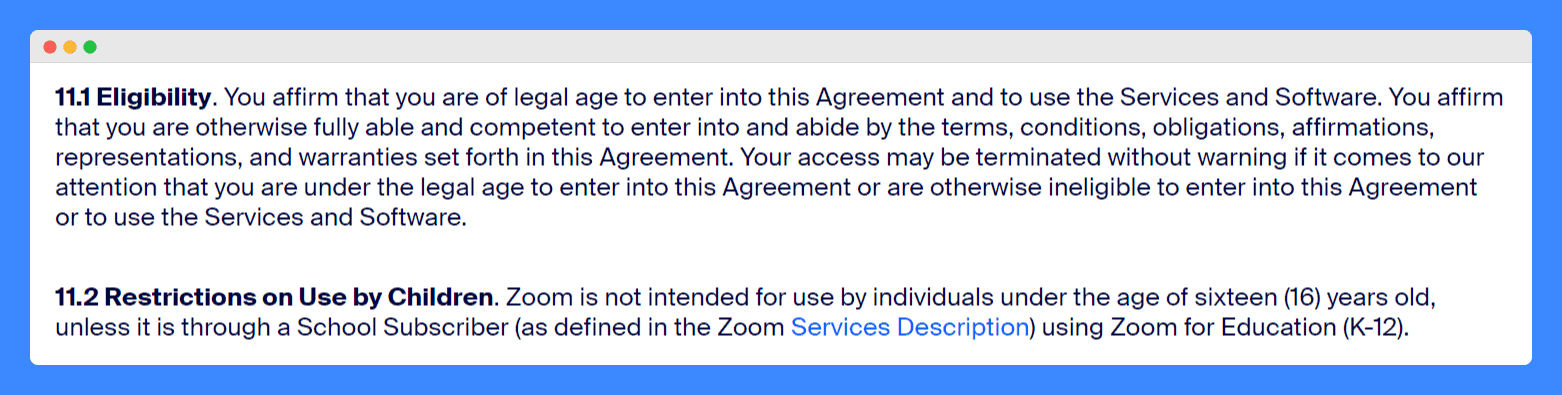 Zoom's terms of service age limitation clause on a white background.