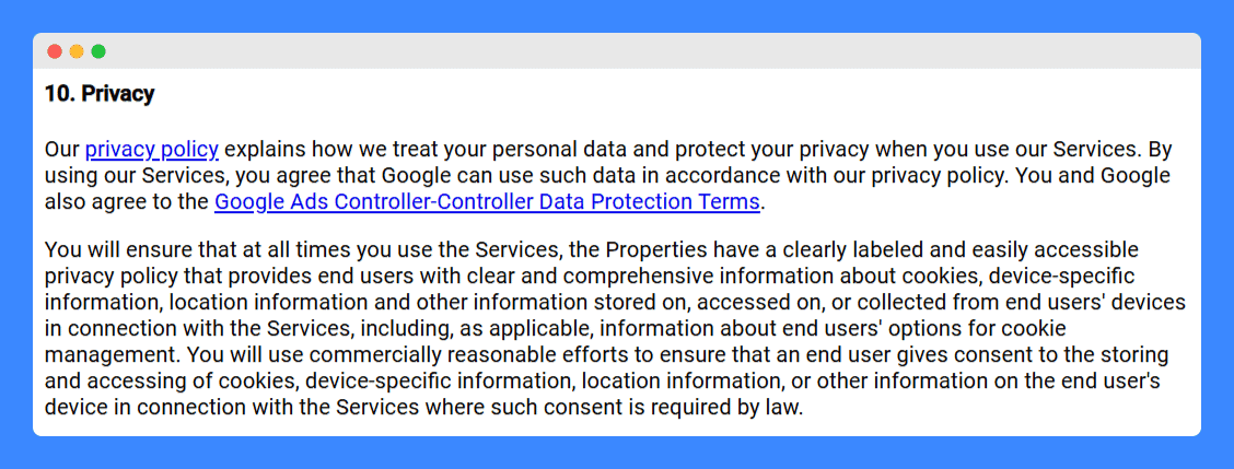 Google AdSense's terms of service on a white background.