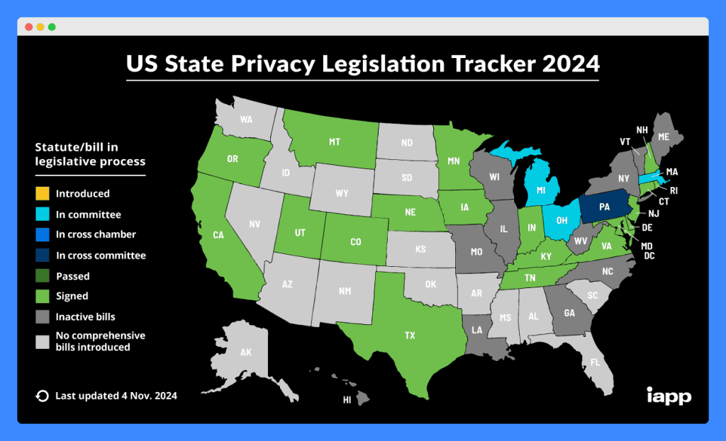 US State Legislation Tracker 2024 by IAPP showing a map of the United States with colors based on the state's process of privacy bills.