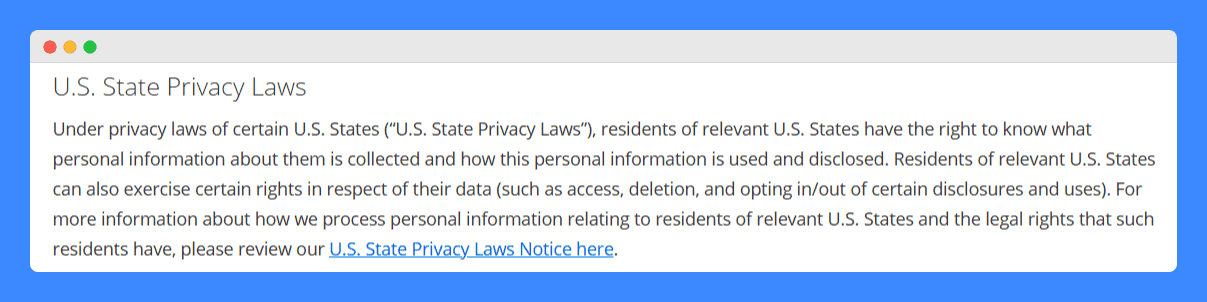 Coursera's privacy policy discussing the U.S. State Privacy Laws on a white background.