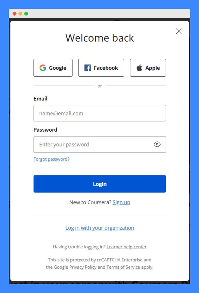 Coursera's sign up page with a reCAPTCHA notice at the bottom.