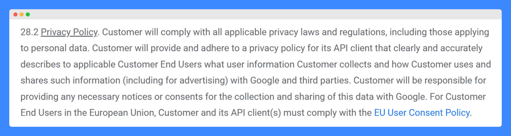 Google Cloud's terms of service discussing their privacy policy on a white background.