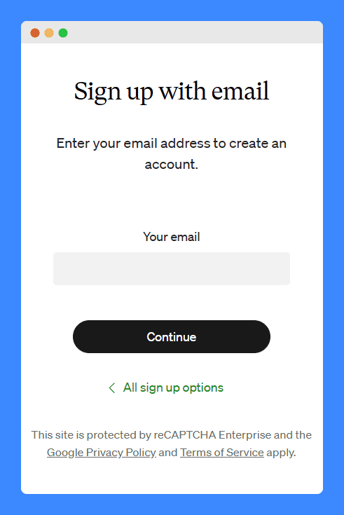 Medium's sign-up page with a reCAPTCHA notice on the bottom.