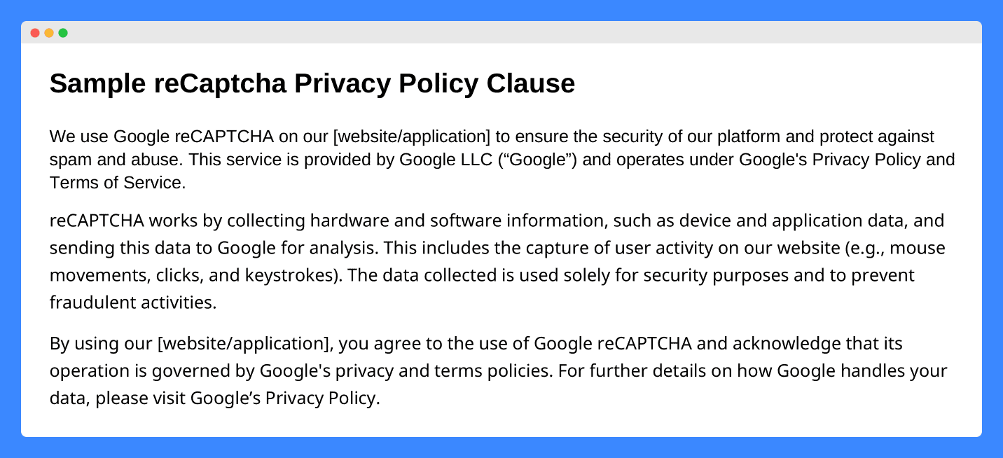 Sample reCaptcha privacy policy clause template