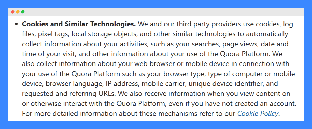 Quora's privacy policy discussing cookies and similar technologies on a white background.