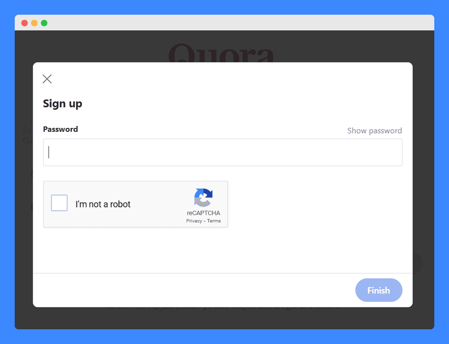 Quora's sign up page with reCAPTCHA at the bottom.