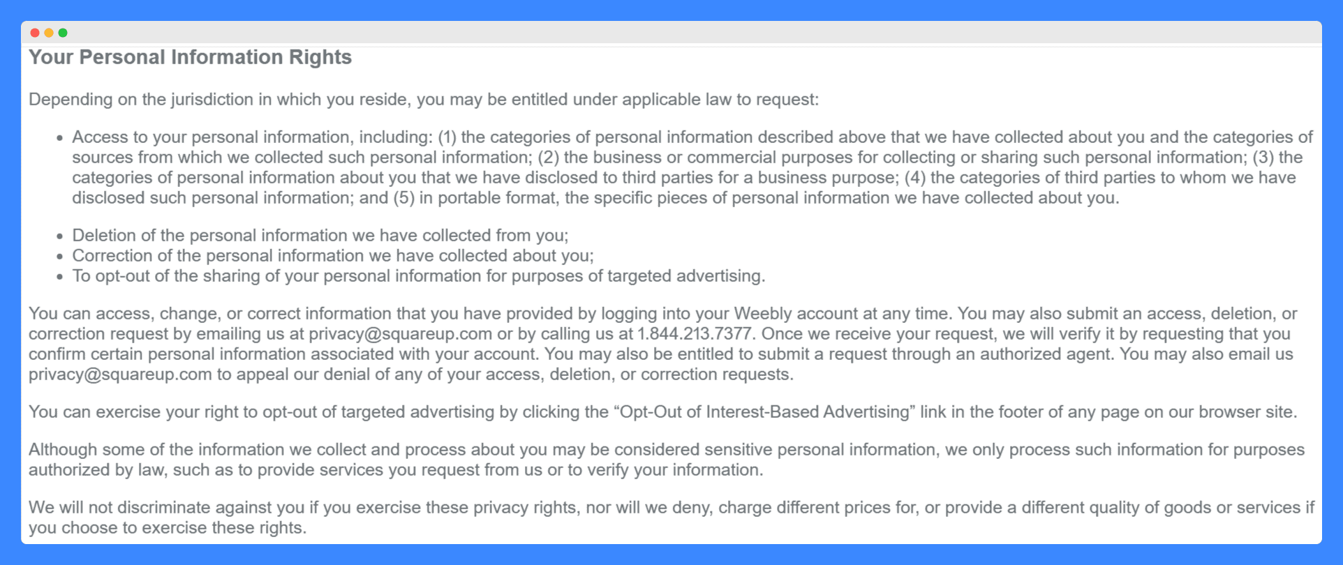 Weebly's privacy policy discussing the personal information rights of website visitors on a white background.