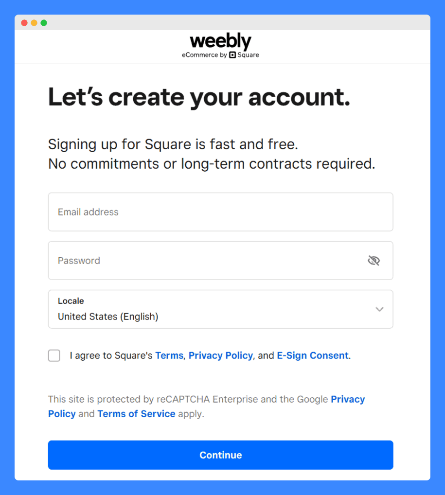 Weebly's sign up page with reCAPTCHA notice at the bottom.