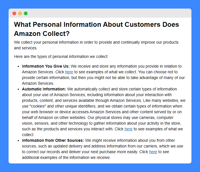 Amazon's e-commerce privacy policy on a white background.