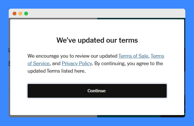 The New York Times' notification pop-up for their privacy policy update.