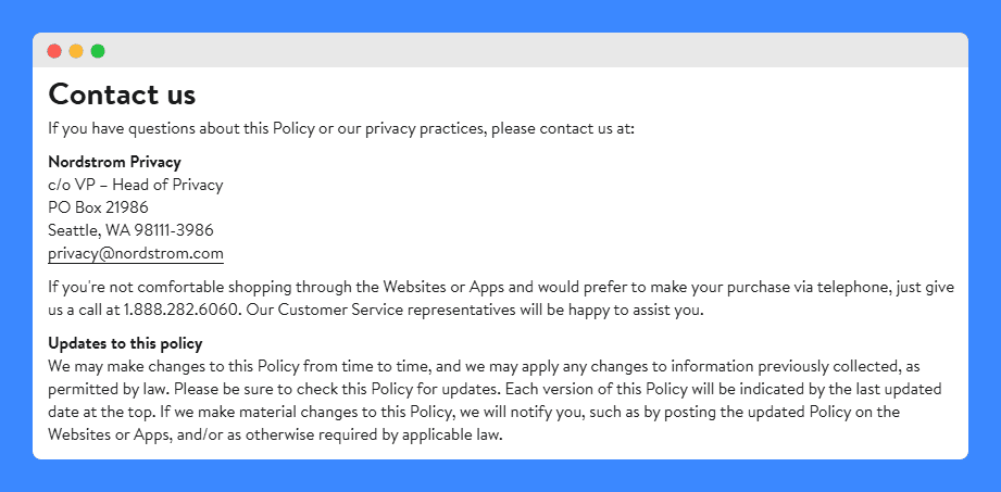 Nordstrom's contact information on a white background.