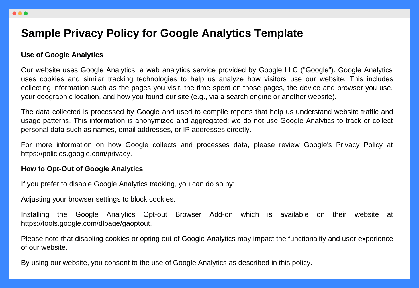 Sample privacy policy for Google Analytics template