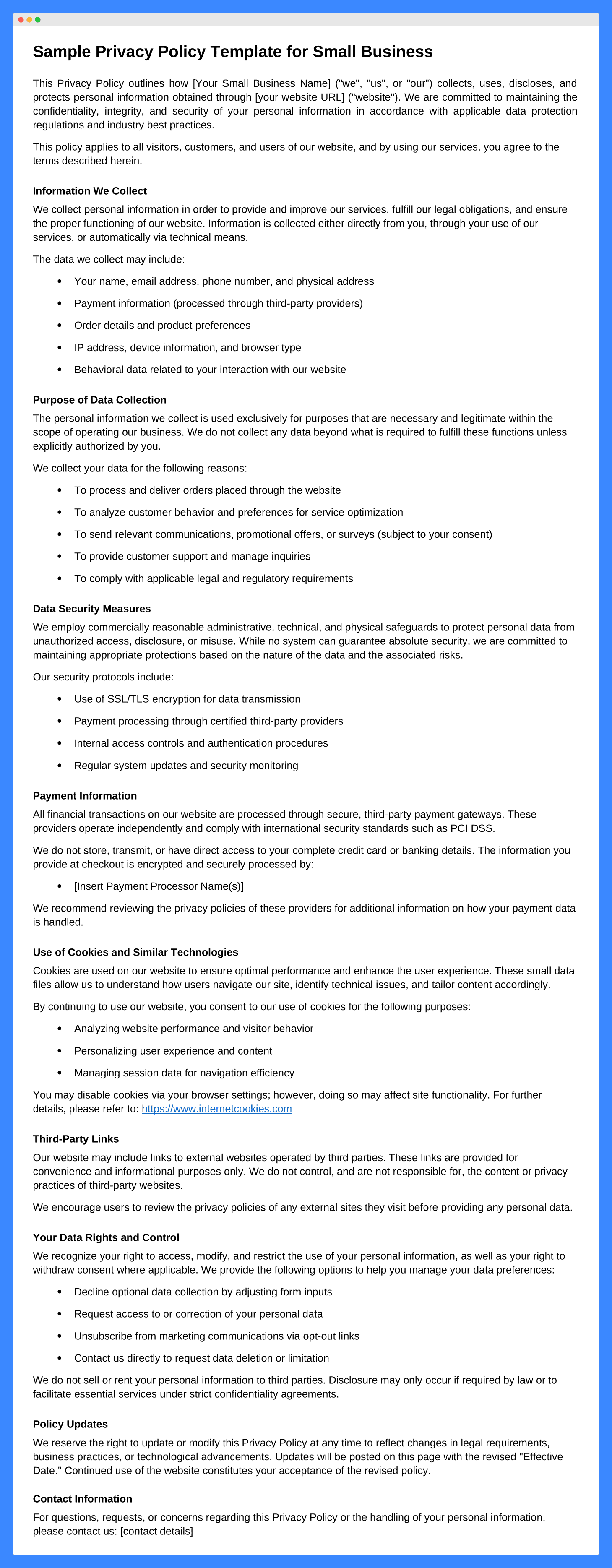 Sample privacy policy template for small business