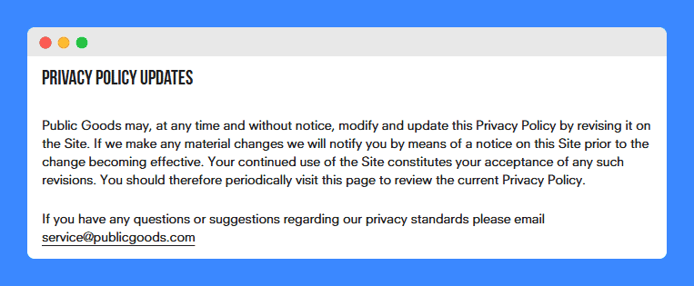 Public Goods' privacy policy on a white background.