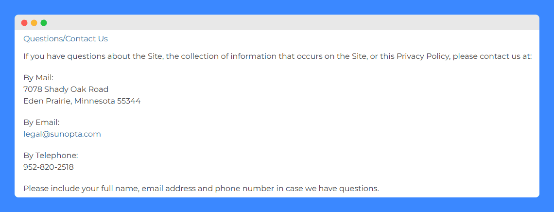 SunOpta's privacy policy on a white background.