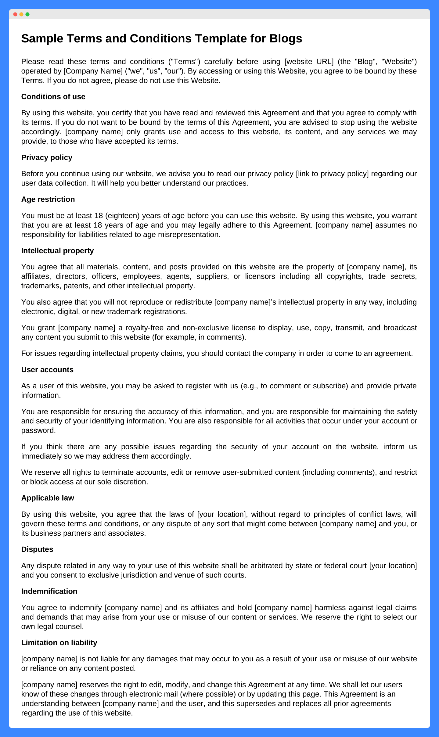 Terms and conditions template for blogs