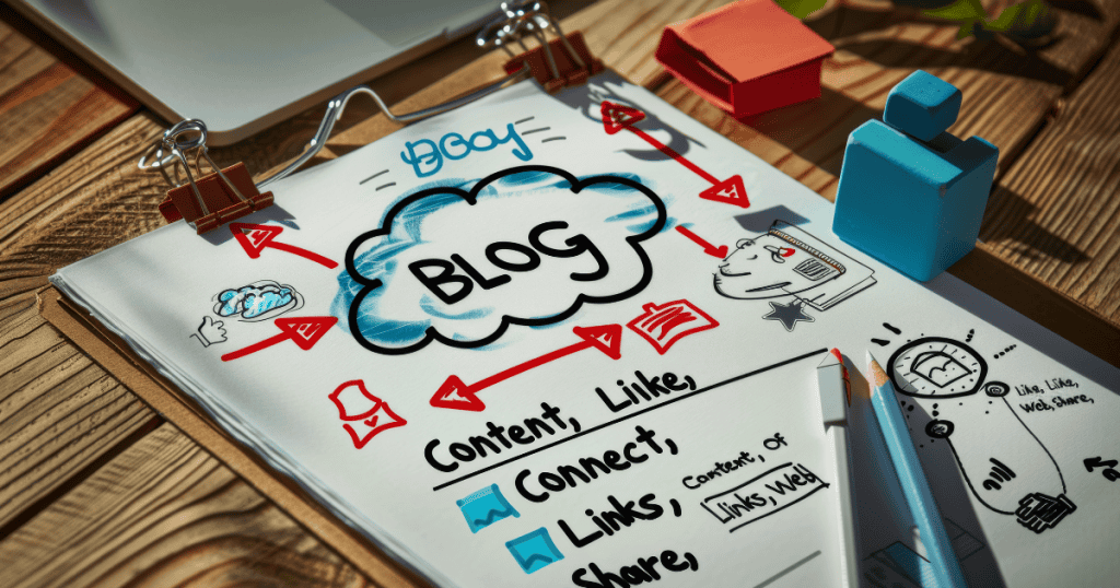 A clipboard featuring a hand-drawn diagram labeled "BLOG" with interconnected arrows, detailing the fundamental pillars required for a successful online platform.