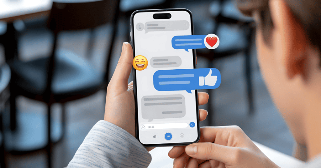 A close-up depicts a person holding a smartphone with active chat bubbles and reaction emojis, symbolizing the trust and influence gained through genuine two-way conversations.