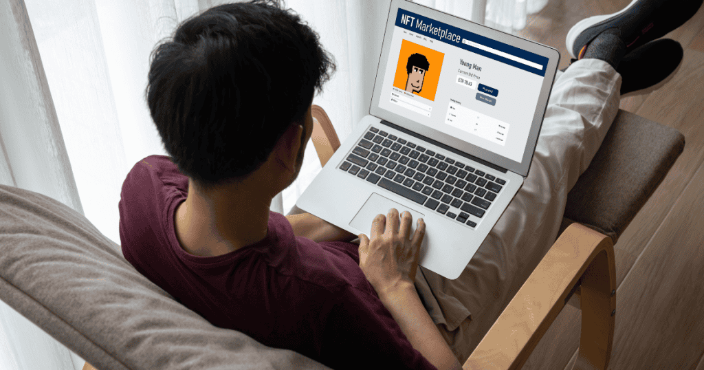 A man reclines in a chair while browsing an NFT marketplace on his laptop, highlighting the personal management of a unique digital portfolio.