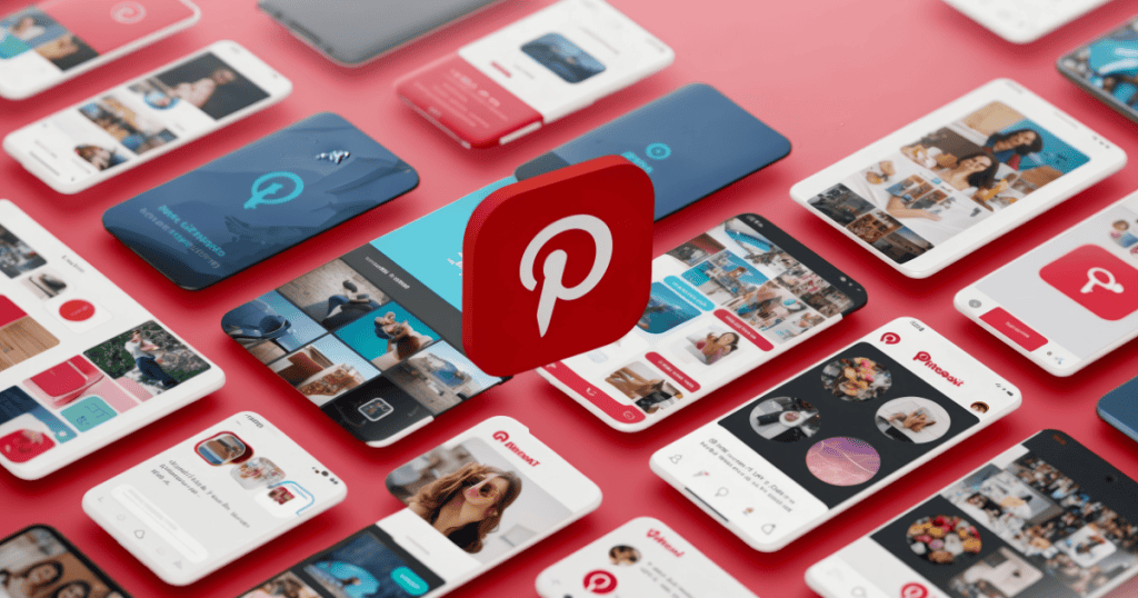 Various smartphone screens displaying diverse lifestyle photography arranged around a central Pinterest icon, illustrating the wide-reaching digital assets that require strategic oversight.