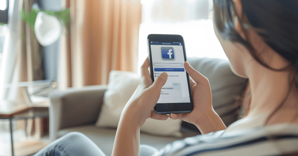 An over-the-shoulder shot features a woman checking the Facebook app while relaxing on a sofa, illustrating the consistent daily habits required to establish a social media presence over time.
