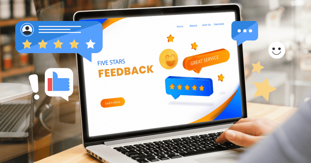 A laptop displays a vibrant interface filled with colorful speech bubbles and star ratings, showcasing a platform dedicated to sharing user experiences and service quality.
