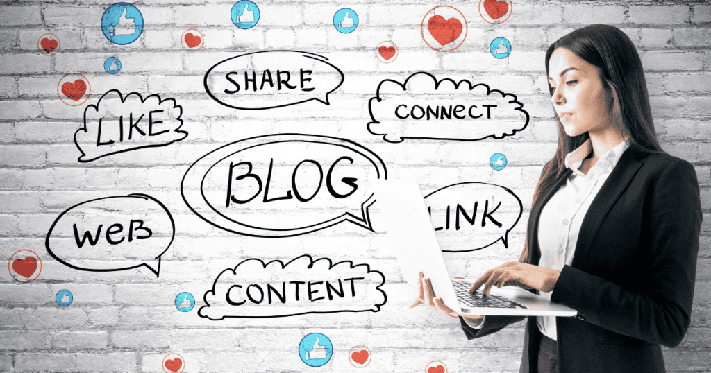 A woman holds a laptop against a wall decorated with sketched speech bubbles and icons, contemplating the digital foundation best suited for sharing her voice.