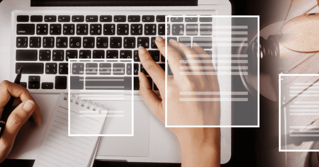 Hands type on a laptop keyboard overlaid with digital document icons and a blurred gavel, illustrating the foundational elements that support a platform's expansion.