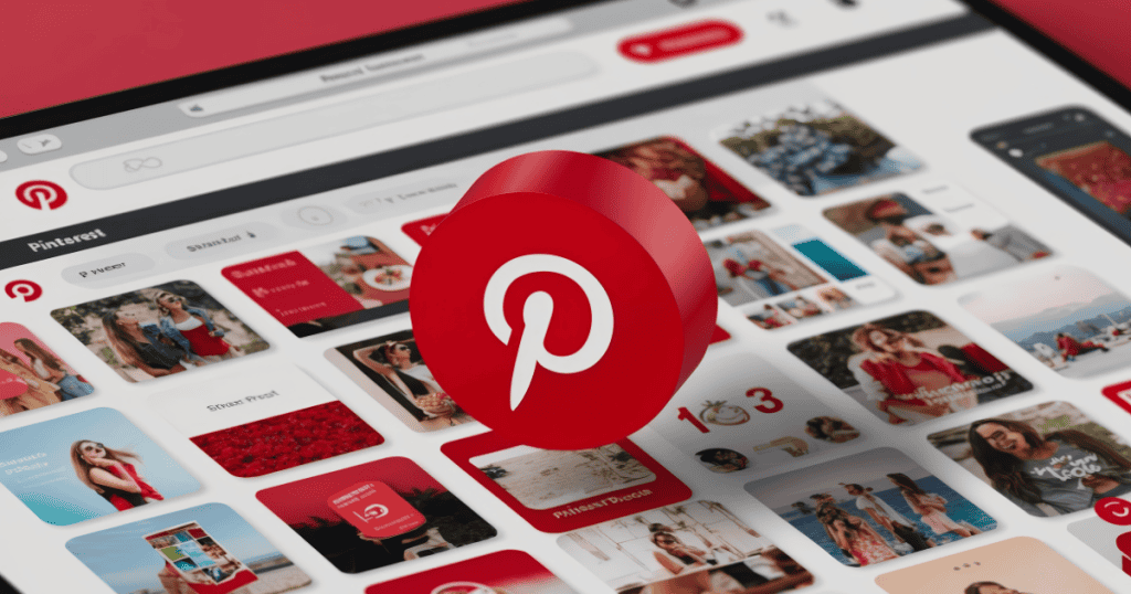 A large 3D Pinterest logo floats above a digital grid of various lifestyle images, symbolizing how curating extensive collections of photos can sometimes carry hidden risks for the user.