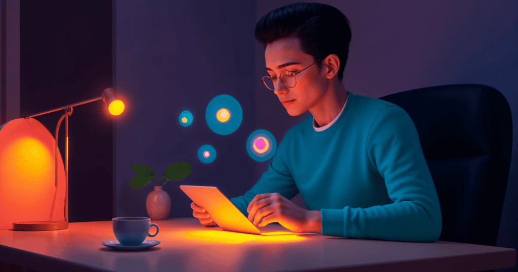 A person working on a tablet in a dimly lit room with glowing icons floating nearby, representing the efficiency gained through intelligent digital structures.