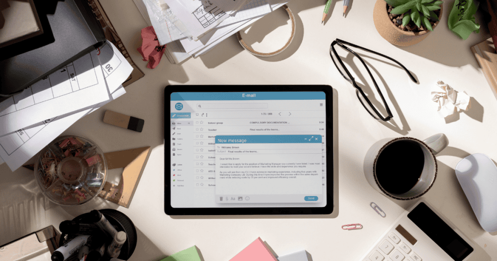 An overhead view shows a tablet displaying a drafted email message amidst a busy, organized workspace, reflecting a move toward intentional and structured business planning.