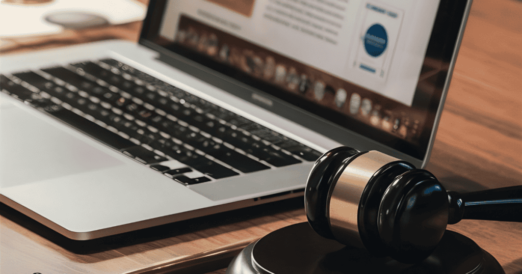 A wooden gavel rests on a desk next to an open laptop, reflecting the foundational rules that govern a digital space.