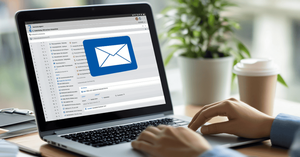 A laptop displays an inbox with a prominent blue mail icon, highlighting a digital workstation centered around a primary, self-managed communication tool.
