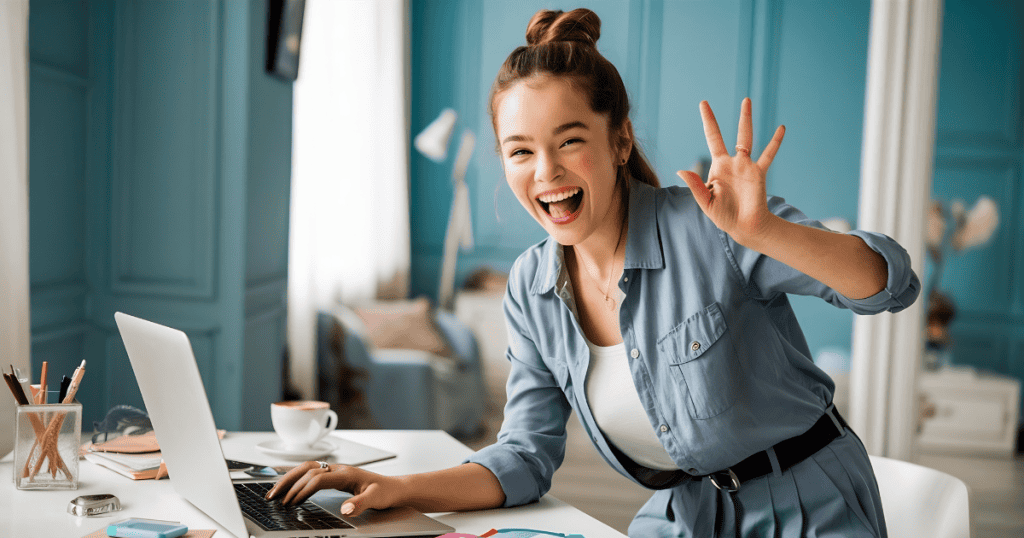 A cheerful woman waves enthusiastically while working at her desk, embodying the vibrant energy and foundational habits of a successful creator.