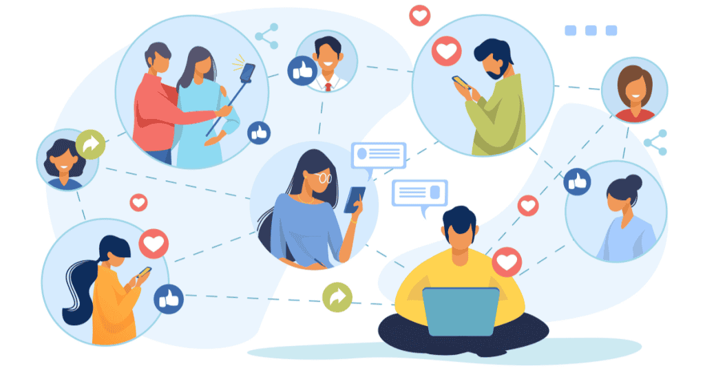 An illustration shows various people linked by dashed lines and social media icons, representing the intricate network of digital engagement.